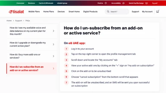 Official e& UAE instructions for cancelling an active add-on through the e& UAE app.