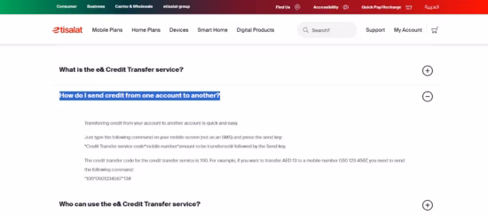 e& UAE USSD credit transfer example_