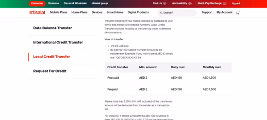 e& UAE credit transfer local limits table